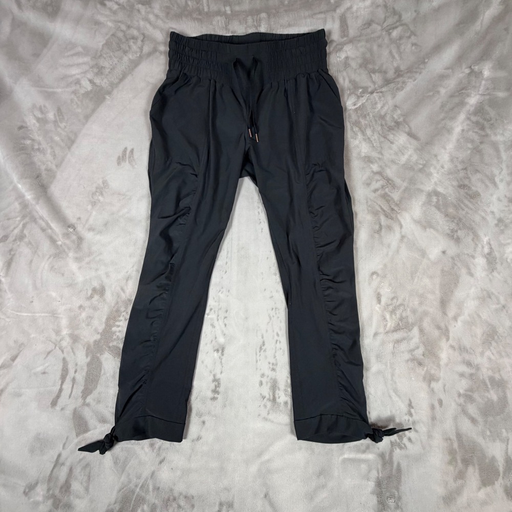 Prana Womens Black Ruched Tie Cuff Jogger Pants Smocked Waist Yoga Hiking Small
